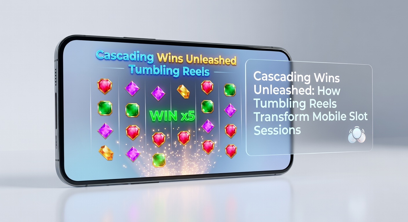 Vibrant mobile slot screen showing cascading symbols exploding and new ones dropping into place during a chain reaction win