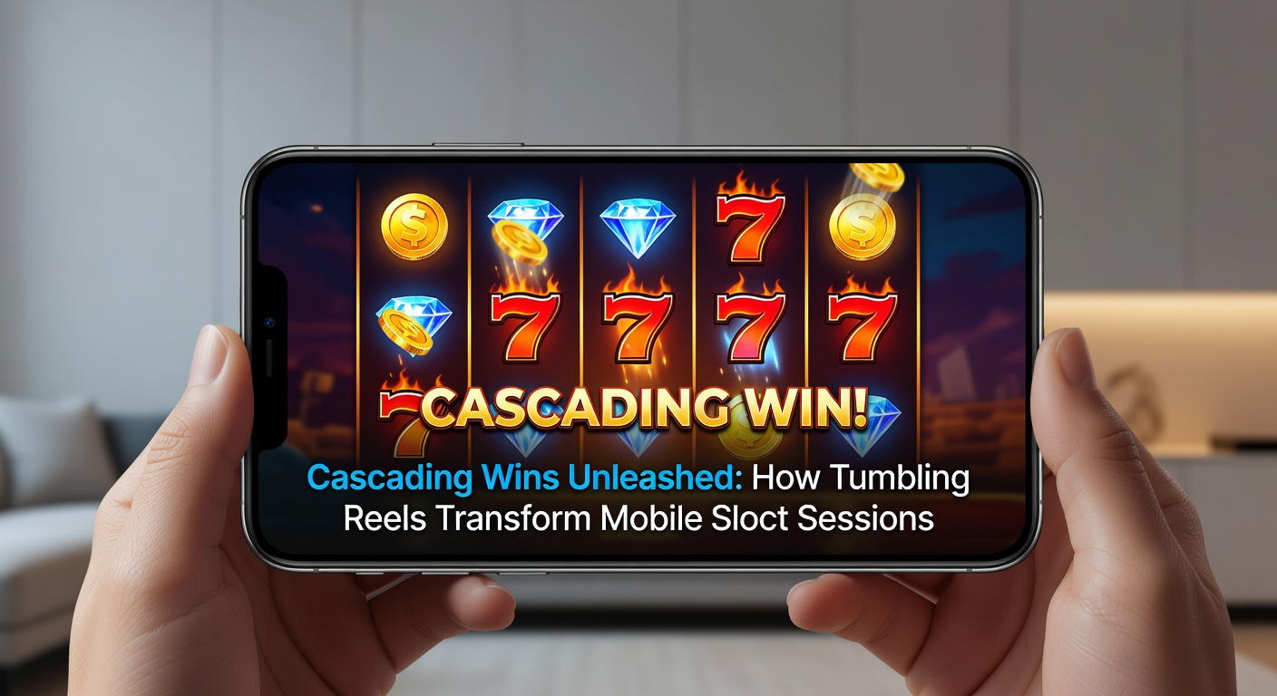 Close-up of a high-stakes mobile slot cascade chain, with multipliers glowing and coins bursting from the screen