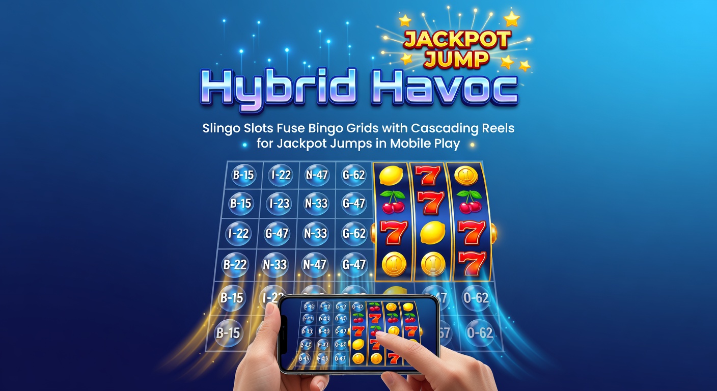 Vibrant Slingo slot screen displaying a 5x5 bingo grid alongside spinning reels and cascading symbols for dynamic wins