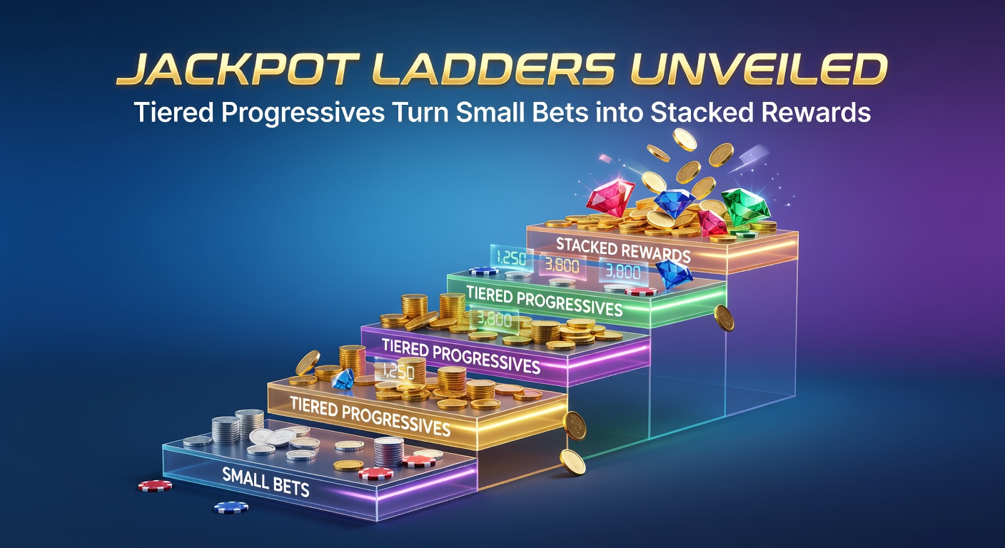 Vibrant graphic of a glowing jackpot ladder ascending through multiple tiers, each level stacked with escalating coin rewards and progressive pots building in real-time