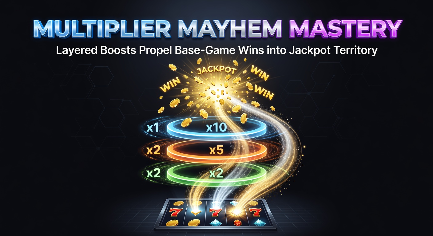 Vibrant slot screen showing cascading multipliers stacking up during a base-game spin, with glowing jackpot meters filling rapidly