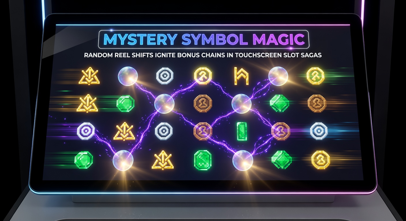 Vibrant touchscreen slot reels shifting mysteriously with glowing symbols triggering bonus chains
