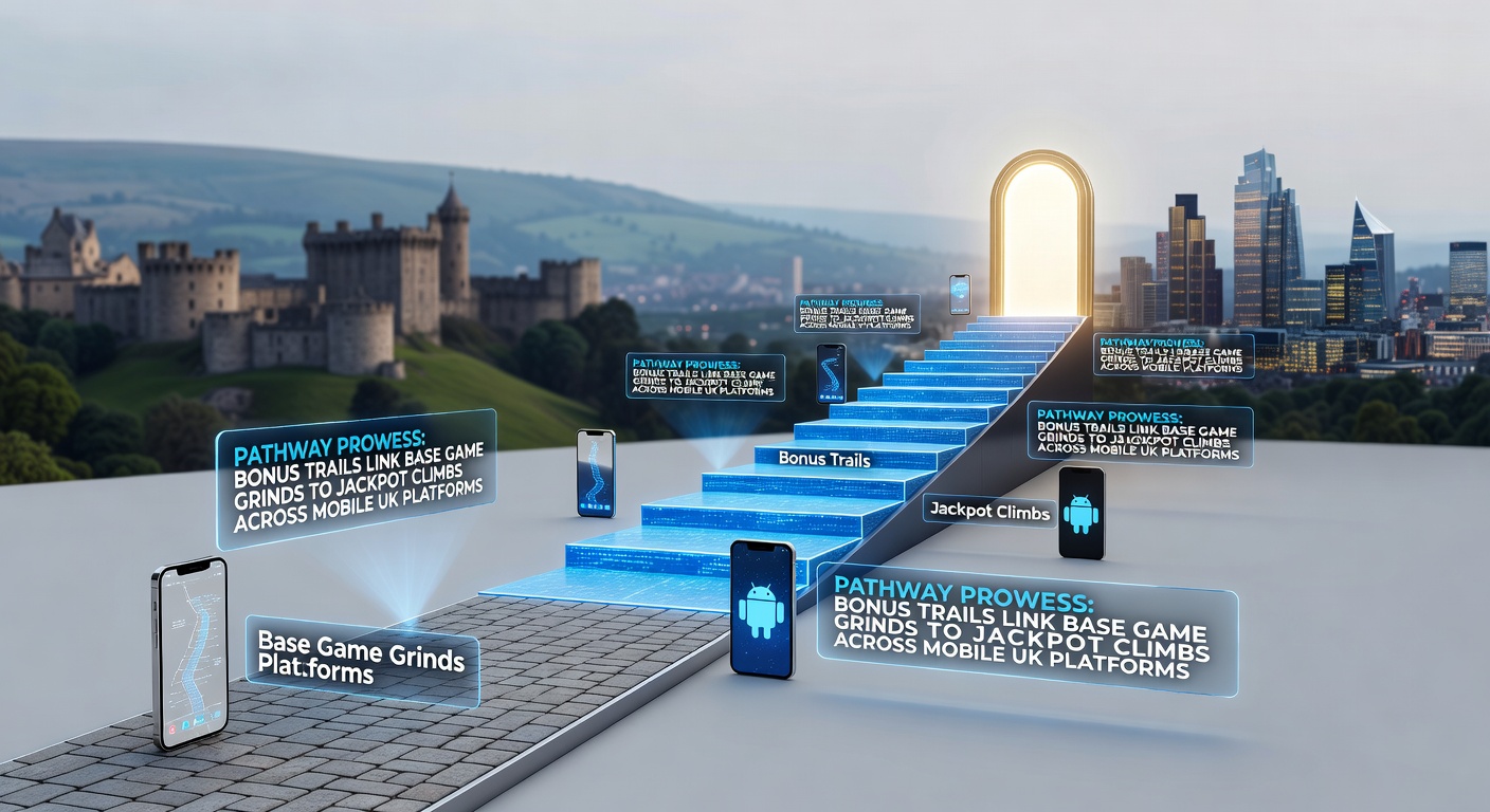 Vibrant slot screen showing a glowing bonus trail winding from base reels towards a towering jackpot meter on a mobile device