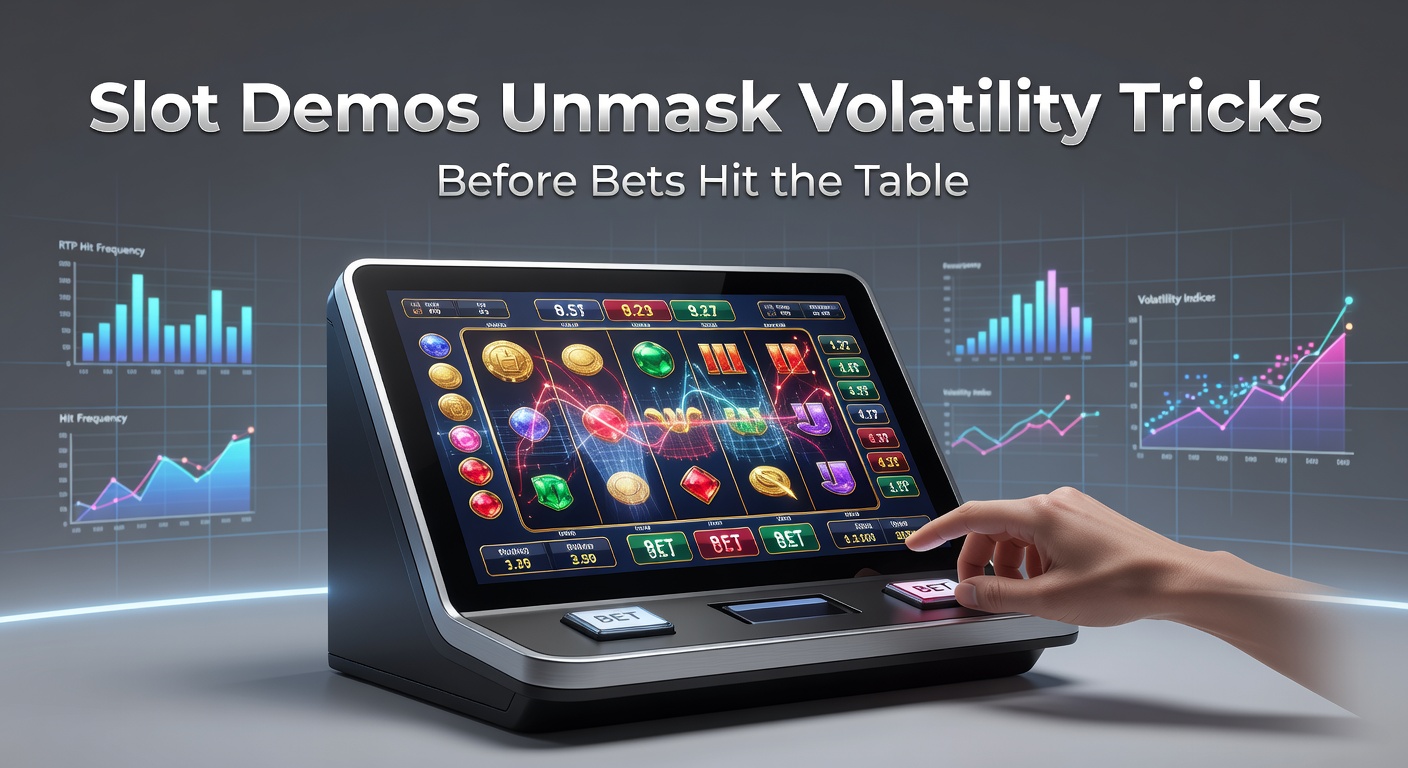 Slot demo interface showing spinning reels with volatility indicators and payout tables on a digital screen