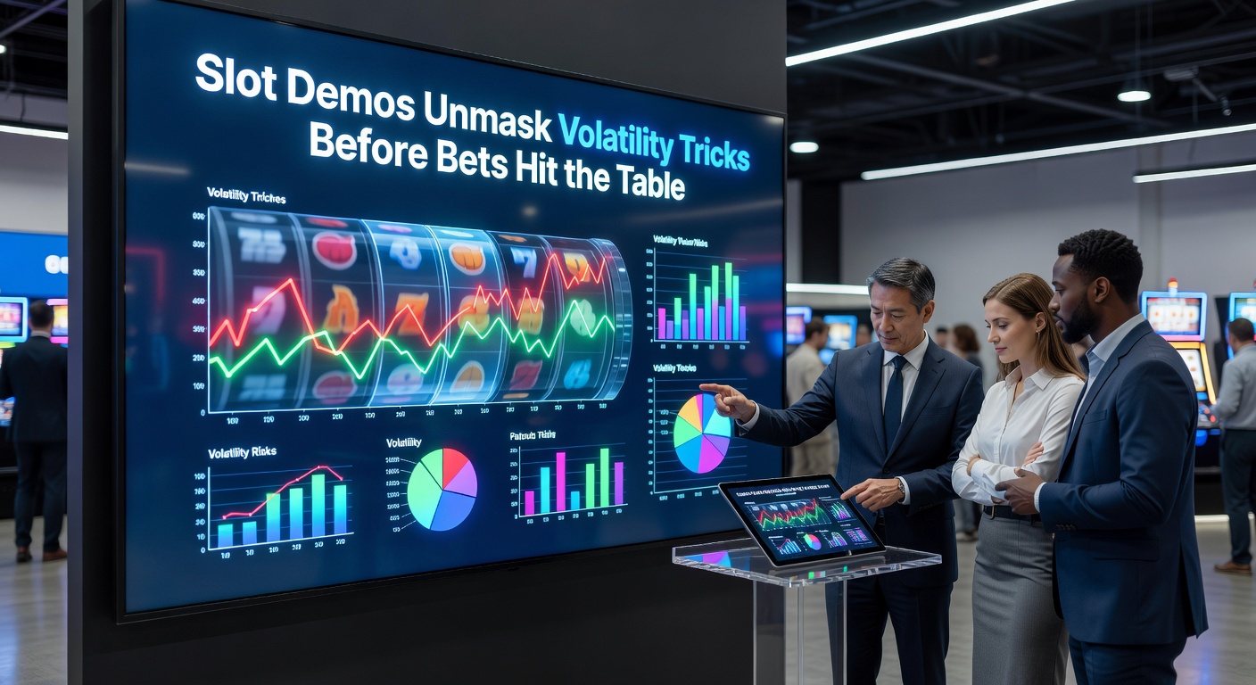 Player analyzing slot demo results on a laptop, with charts displaying volatility graphs, win distributions, and session stats