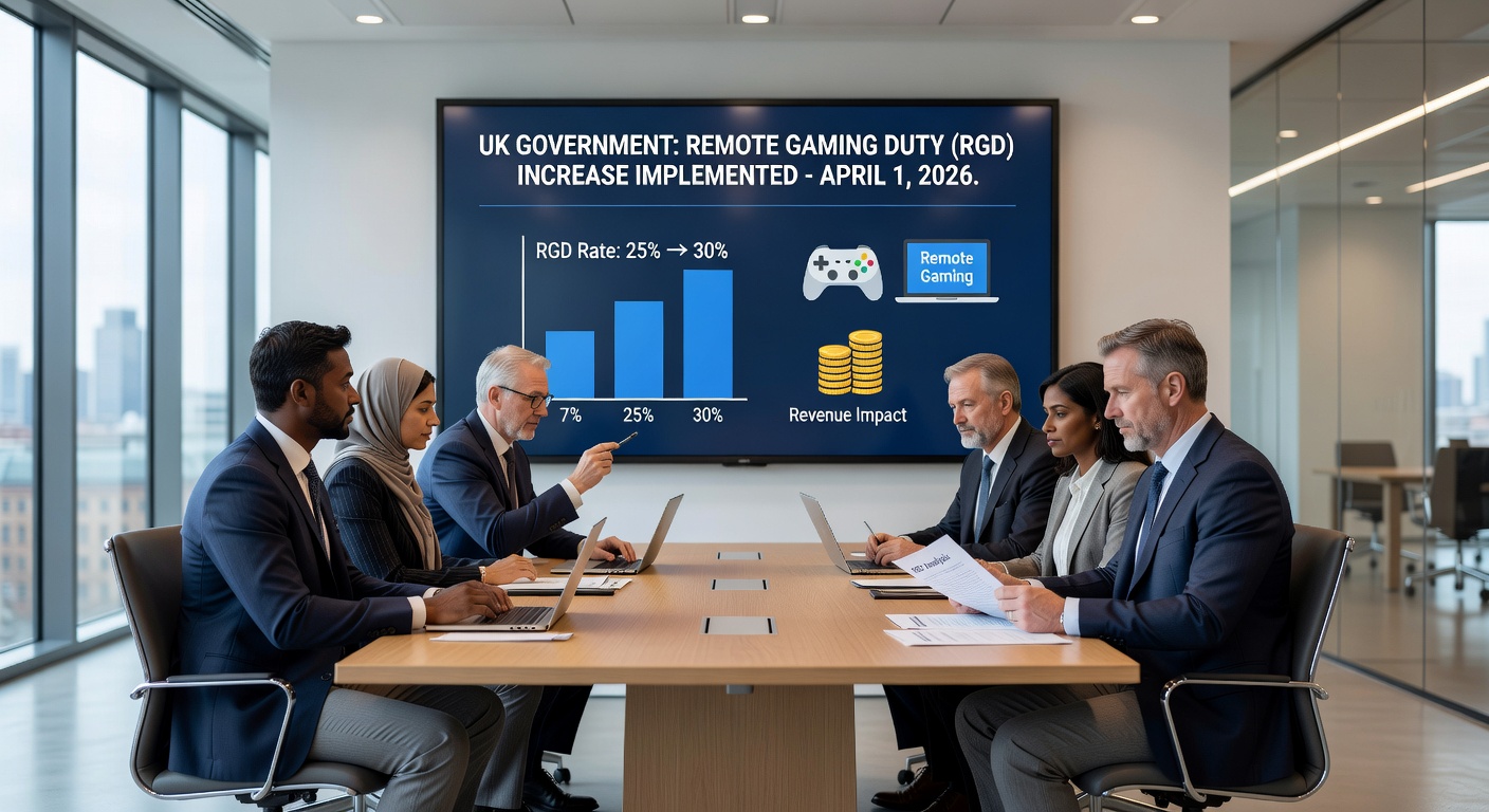 Graph illustrating rising Remote Gaming Duty rates over time, overlaid with icons of online slots and casino tables, capturing the policy's impact on the sector