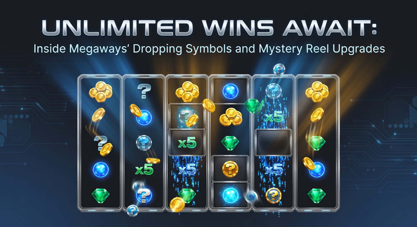 Vibrant Megaways slot reels showcasing cascading symbols and glowing mystery upgrades transforming wins
