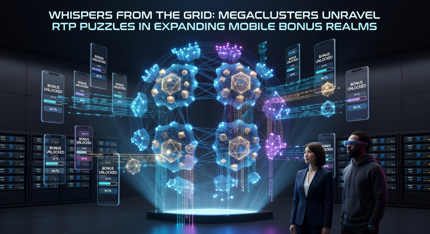 Mobile slot bonus realm expanding with megaclusters, multipliers glowing amid cascading wins and RTP data overlays